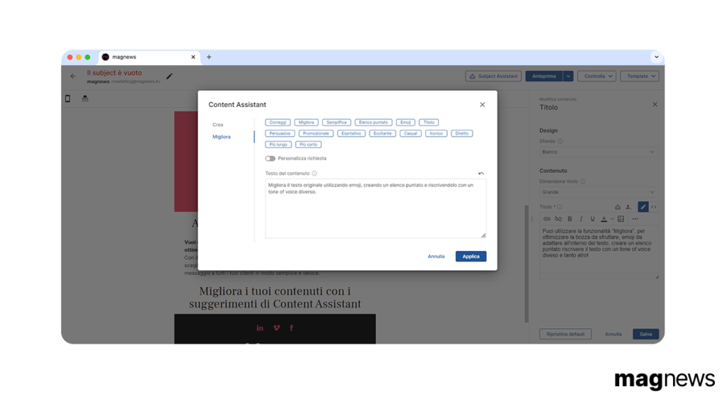 Designer di magnews e funzionalità Content Assistant